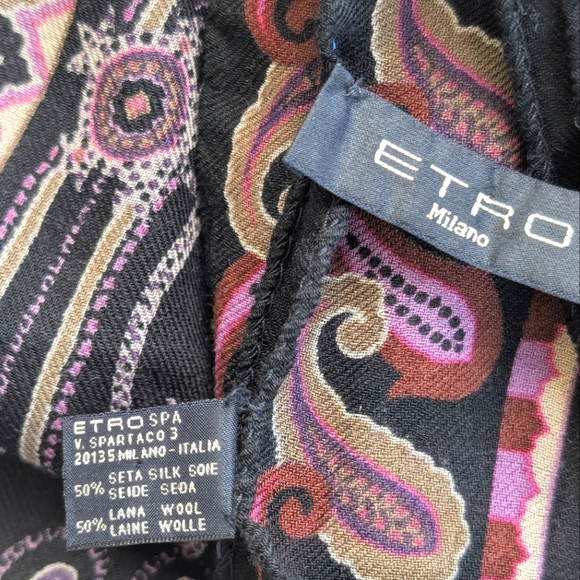 ETRO Milano Silk & Wool Purple Pink Black Paisley Print Large Scarf 67x26 - Picture 12 of 13